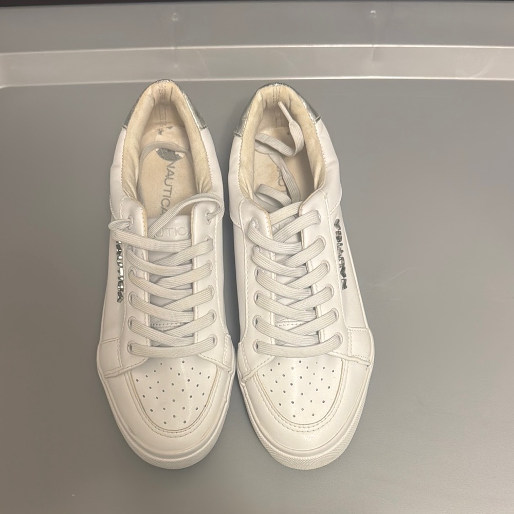 White Leather Sneakers with Silver Accents